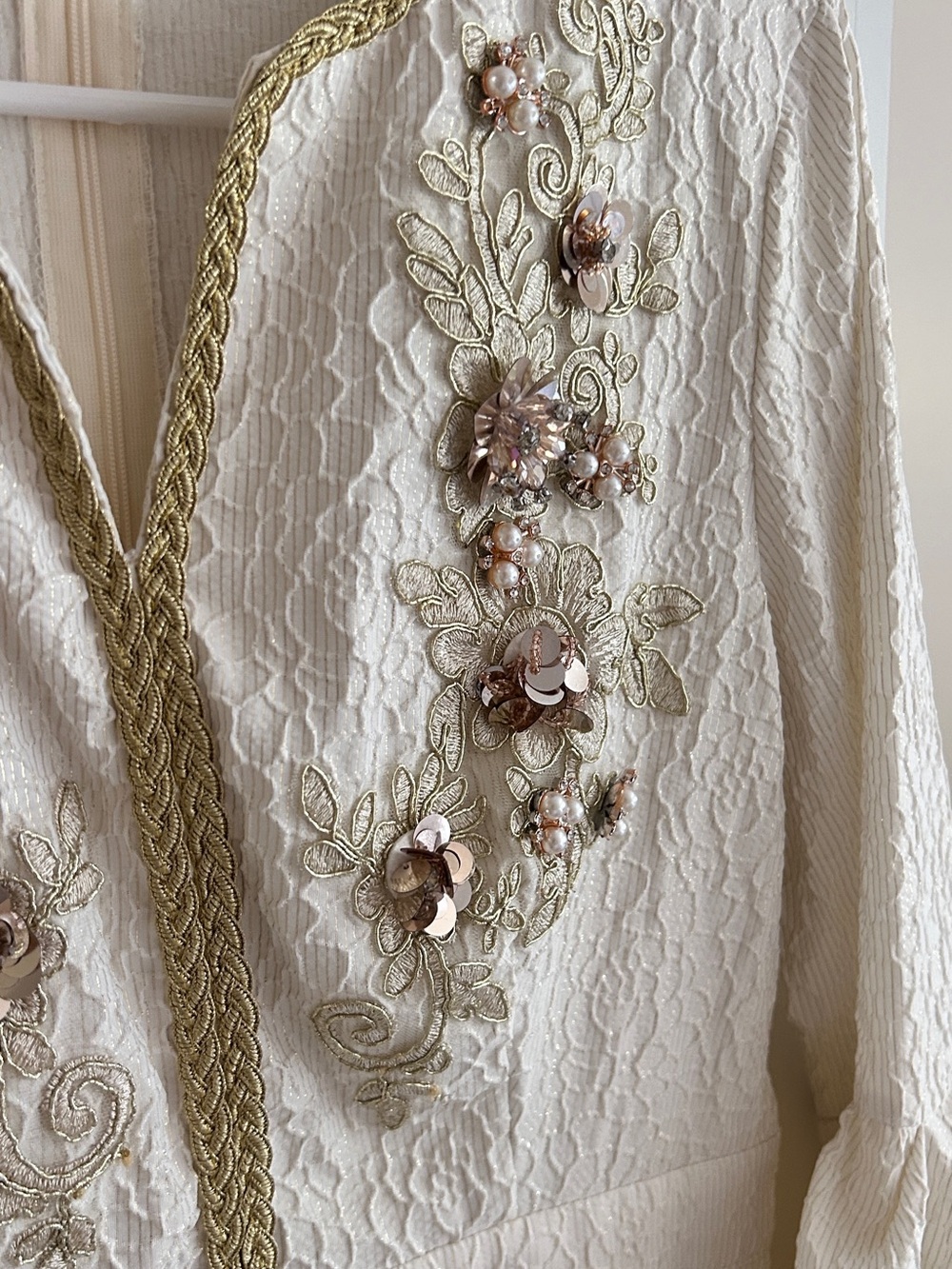 SHEIN Cream Lace Long Sleeve Dress with Gold Trim & Blush Floral Appliqué - Picture 3 of 4